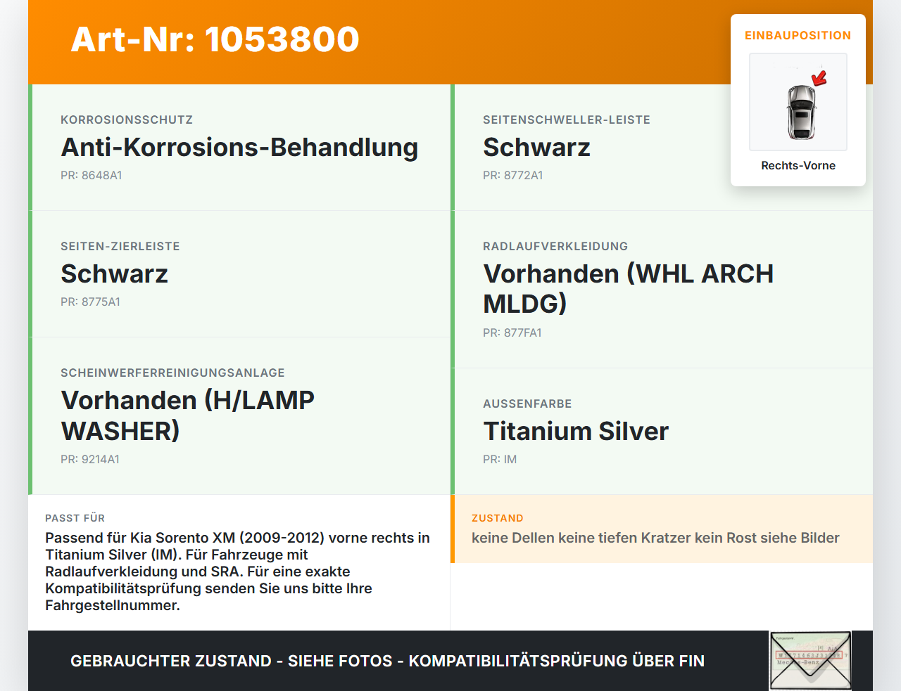 Kia Sorento XM 09-12 Kotflügel Rechts Vorne IM Kia Sorento XM 09-12 19.05.2010 663212P020 gebraucht Vorschau 3