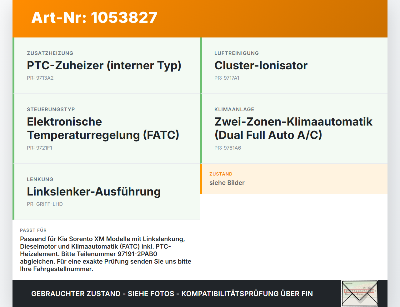 Kia Sorento XM 09-12 Zusatzheizgerät Zuheizgerät PTC Heizelement Kia Sorento XM 09-12 19.05.2010 97191-2PAB0 gebraucht Vorschau 3