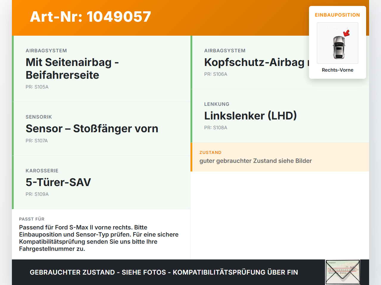 Ford S-Max II CK 15-19 Airbagsensor Crashsensor Sensor Rechts Vorne Ford S-Max II CK 15-19 19.12.2015... Vorschau 3