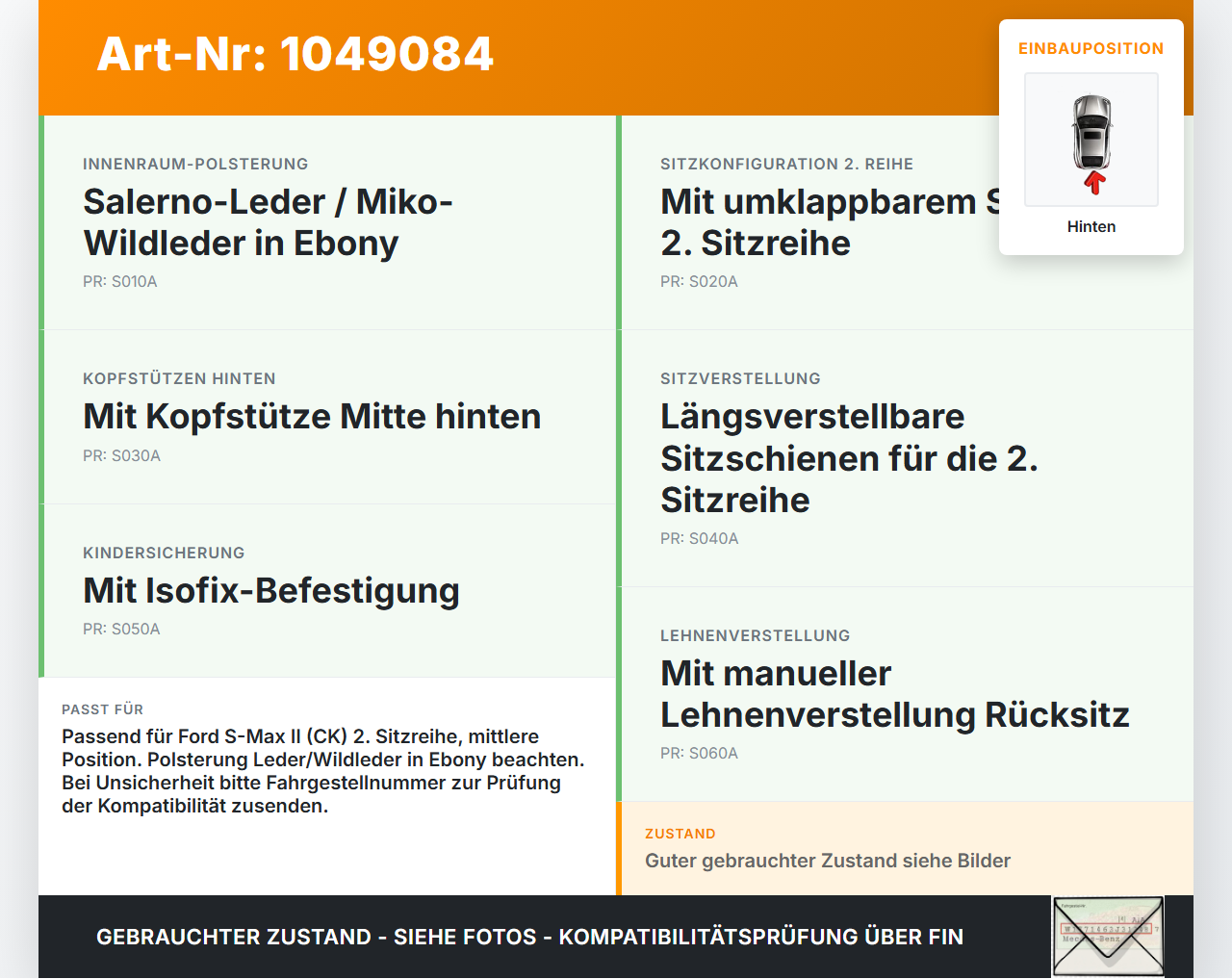 Ford S-Max II CK 15-19 Sitz Mitte Hinten für 2te Reihe Ford S-Max II CK 15-19 19.12.2015 EM2B-R64012-FH1F5T 1942575... Vorschau 3