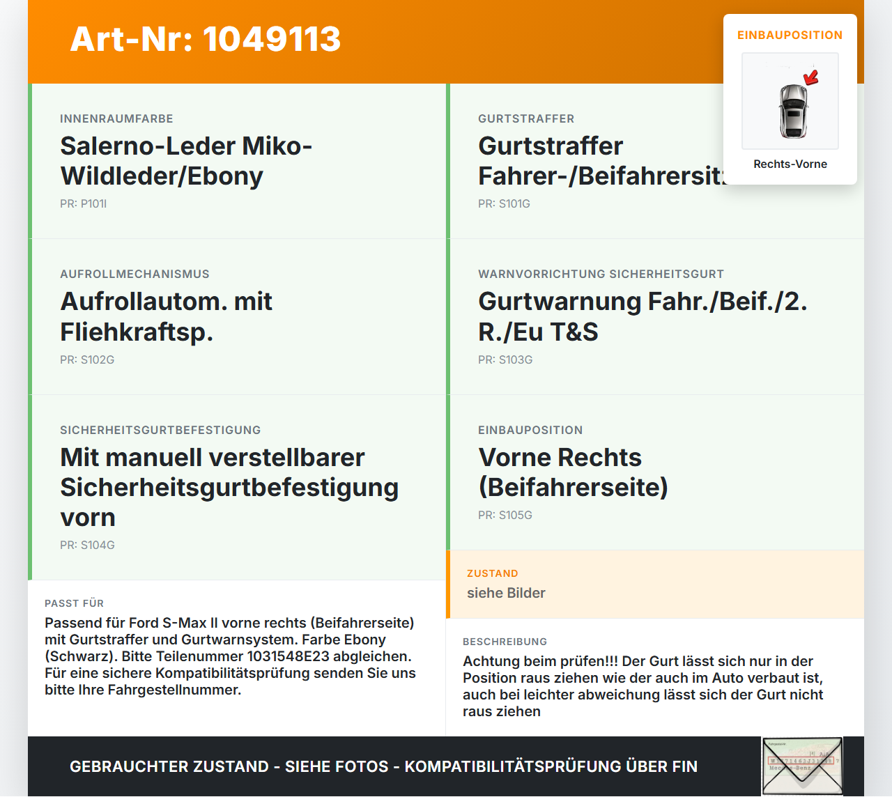 Ford S-Max II CK 15-19 Gurt Sicherheitsgurt Gurtstraffer Rechts Vorne Ford S-Max II CK 15-19 19.12.2015... Vorschau 3