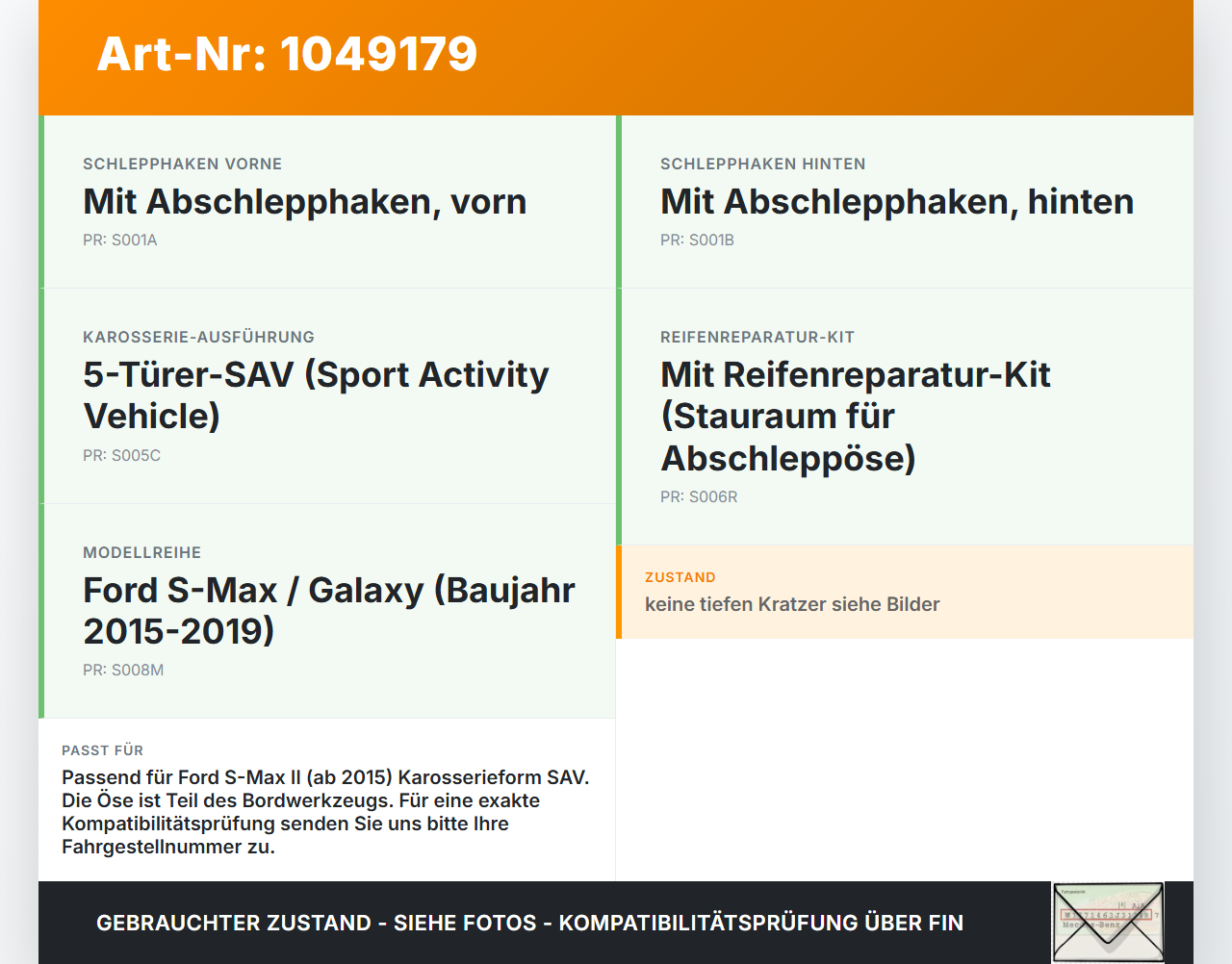 Ford S-Max II CK 15-19 Abschleppöse Abschlepphaken Ford S-Max II CK 15-19 19.12.2015 gebraucht Vorschau 3