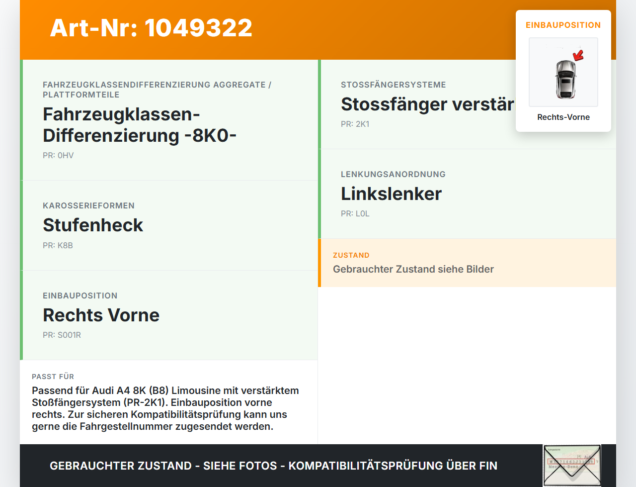 Audi A4 8K 07-11 Lim Pralldämpfer für Stoßstange Querträger Rechts Vorne Audi A4 8K 07-11 08.06.2009 gebraucht Vorschau 3