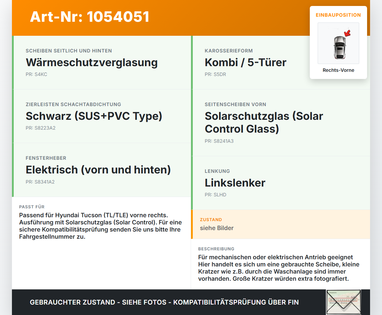 Hyundai Tucson TL 15-18 Seitenscheibe RVK Türscheibe Rechts Vorne Hyundai Tucson TL 15-18 30.03.2017 gebraucht Vorschau 3