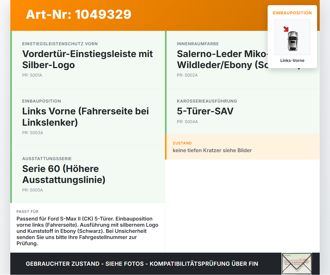 Ford S-Max II CK 15-19 Einstiegsleiste Links Vorne Ford S-Max II CK 15-19 19.12.2015 EM2B-R061A16-AF3ZHE gebraucht Vorschau 3