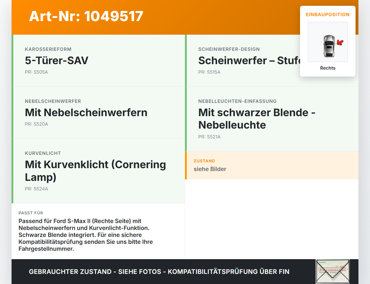Ford S-Max II CK 15-19 Nebelscheinwerfer Rechts orig. Ford S-Max II CK 15-19 19.12.2015 89211690 gebraucht Vorschau 3