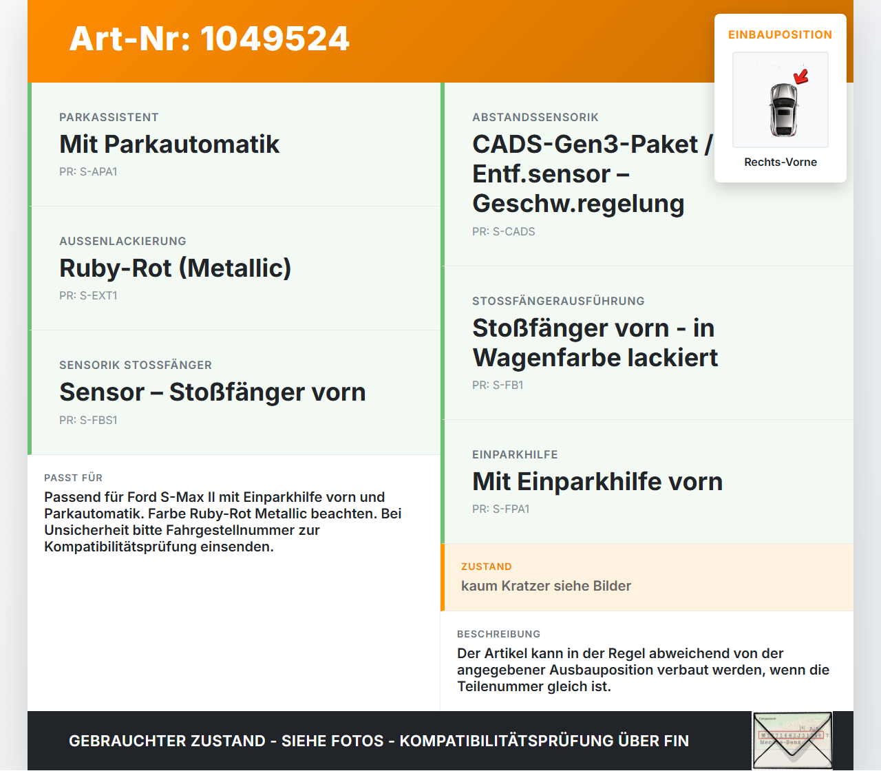Ford S-Max II CK 15-19 Abstands Sensor Parksensor PDC Vorne Rechts Aussen Pos.2 Ford S-Max II CK 15-19 19.12.2015... Vorschau 3