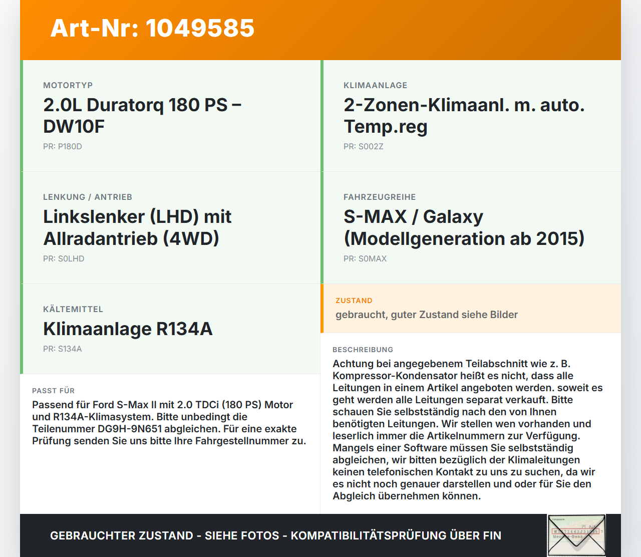 Ford S-Max II CK 15-19 TDCi 2,0 132KW Klimaschlauch Klimaleitung Ford S-Max II CK 15-19 19.12.2015 DG9H-9N651 gebraucht Vorschau 3