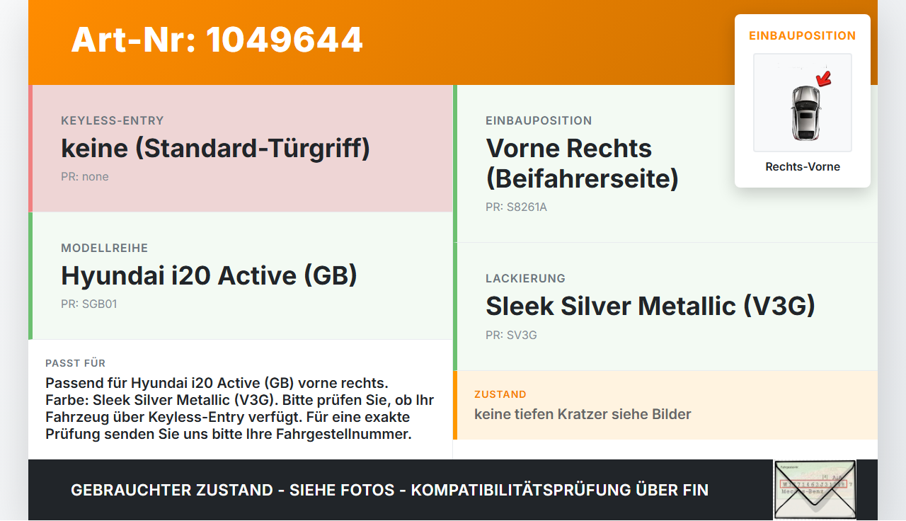 Hyundai I20 Active GB 13-16 Türgriff Griff aussen Rechts Vorne V3G Hyundai I20 Active GB 13-16 13.06.2016 gebraucht Vorschau 3