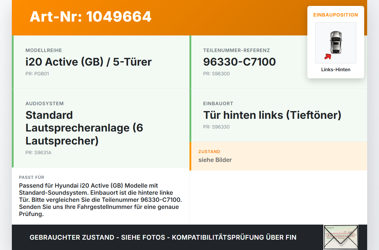 Hyundai I20 Active GB 13-16 Lautsprecher Tieftöner Links Hinten Hyundai I20 Active GB 13-16 13.06.2016 96330-C7100... Vorschau 3