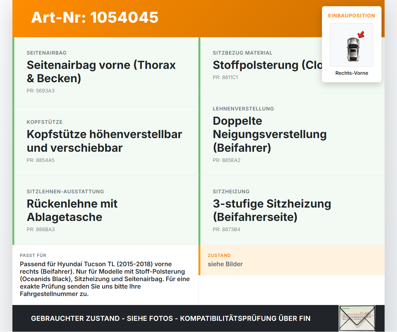 Hyundai Tucson TL 15-18 Sitzbezug Rückenpolster Rechts Vorne für Beifahrer Sitz beheizt Hyundai Tucson TL 15-18... Vorschau 3