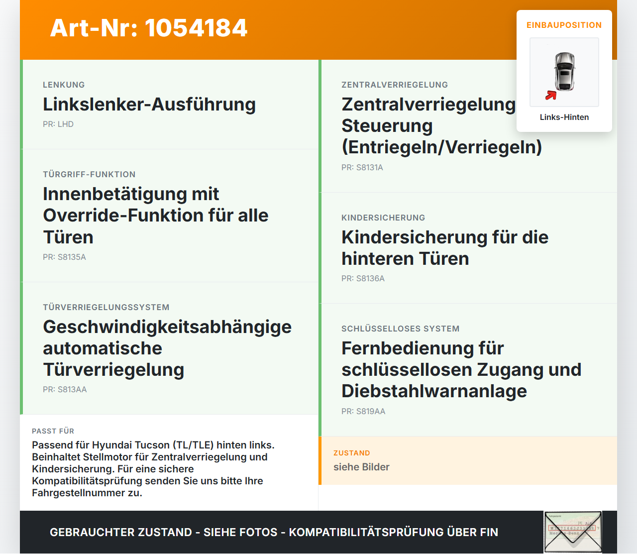 Hyundai Tucson TL 15-18 Türschloss m. ZV Stellmotor Links Hinten Hyundai Tucson TL 15-18 30.03.2017 81410D7510... Vorschau 3