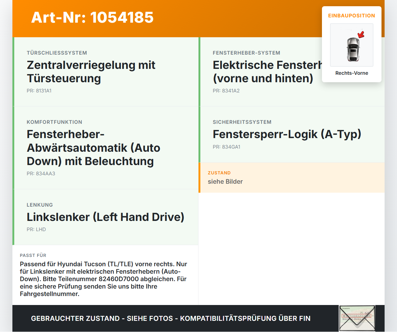 Hyundai Tucson TL 15-18 Fensterhebermotor Rechts Vorne Hyundai Tucson TL 15-18 30.03.2017 82460D7000 82460-D7000... Vorschau 3