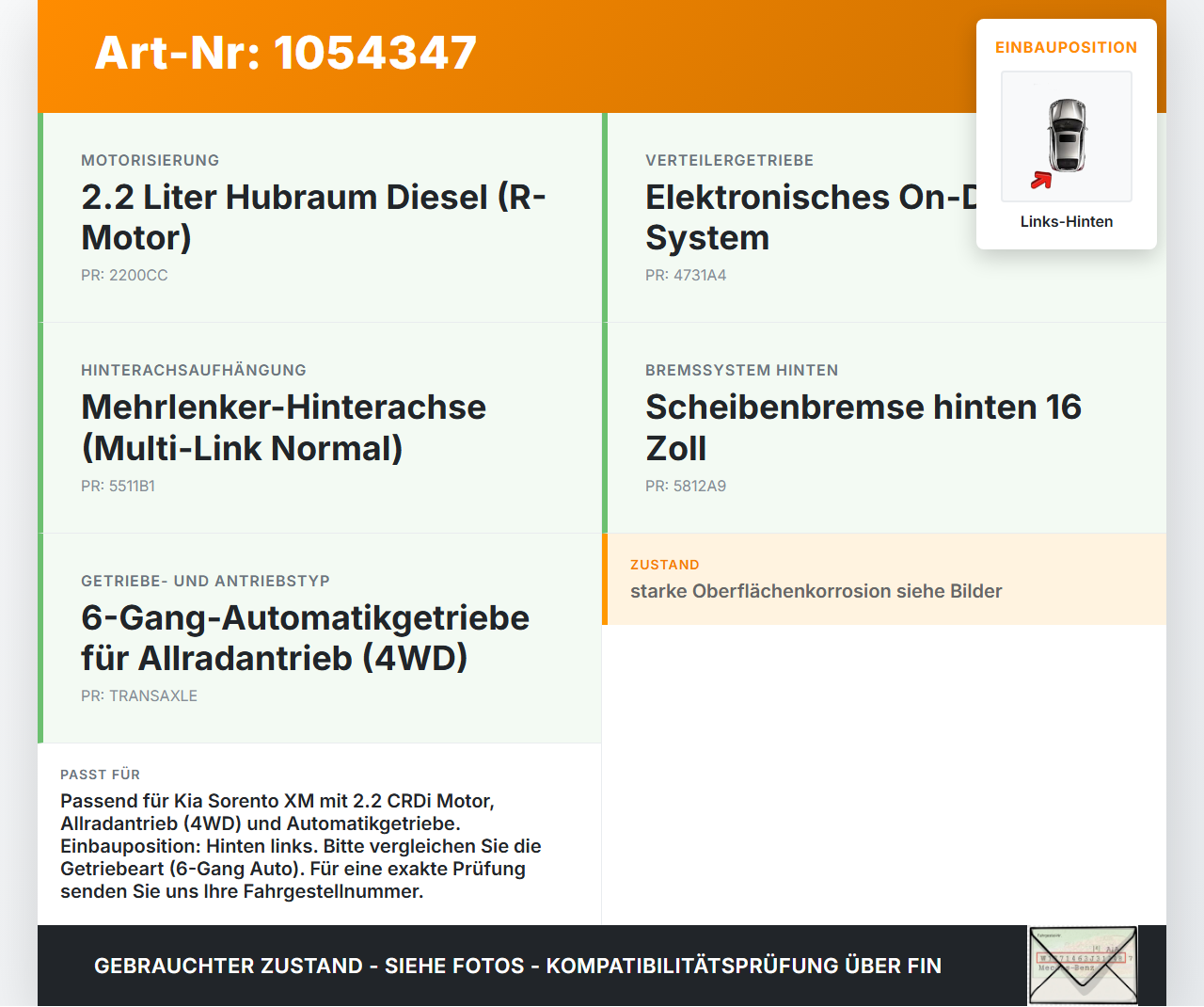 Kia Sorento XM 09-12  CRDi 2,2 145KW 4WD Antriebswelle Gelenkwelle Hinten Rechts Kia Sorento XM 09-12 19.05.2010... Vorschau 3