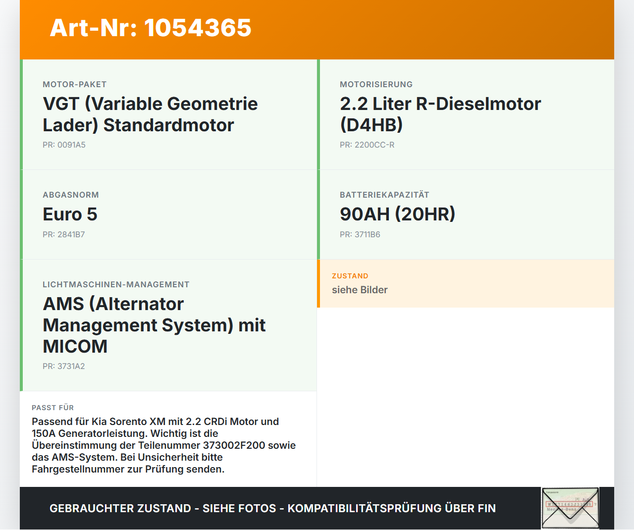 Kia Sorento XM 09-12 CRDi 2,2 145KW Lichtmaschine Generator 150A Kia Sorento XM 09-12 19.05.2010 373002F200... Vorschau 3