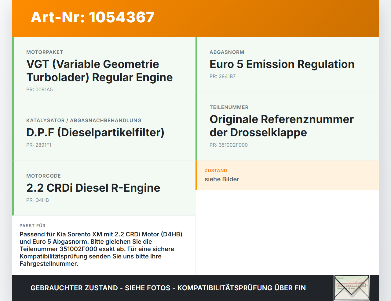 Kia Sorento XM 09-12 CRDi 2,2 145KW D4HB Drosselklappe Kia Sorento XM 09-12 19.05.2010 351002F000 35100-2F000 gebraucht Vorschau 3