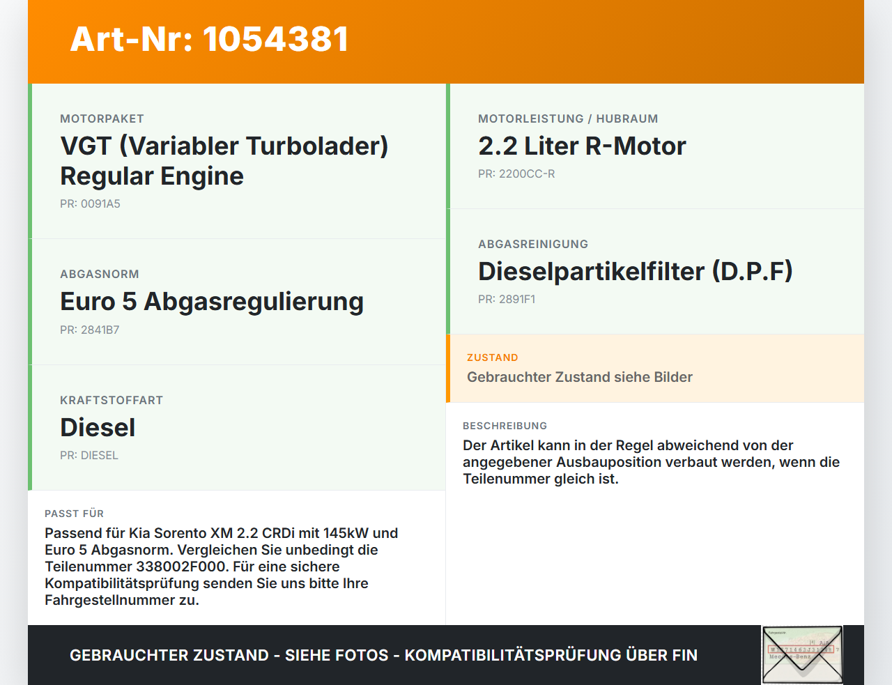 Kia Sorento XM 09-12 CRDi 2,2 145KW Injektor Einspritzdüse Zyl.2 Kia Sorento XM 09-12 19.05.2010 338002F000... Vorschau 3