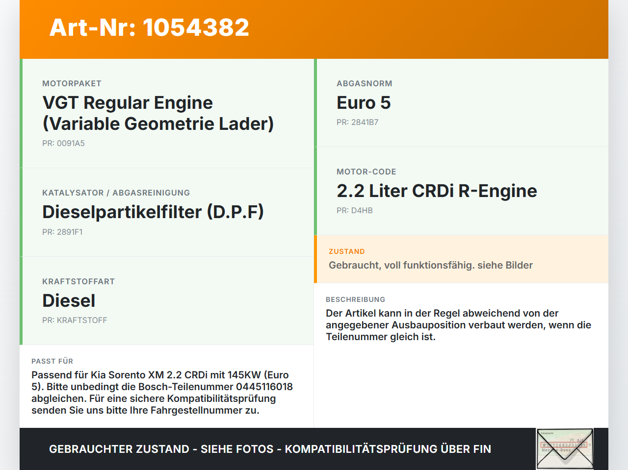 Kia Sorento XM 09-12 CRDi 2,2 145KW Injektor Einspritzdüse Zyl.3 Kia Sorento XM 09-12 19.05.2010 338002F000... Vorschau 3
