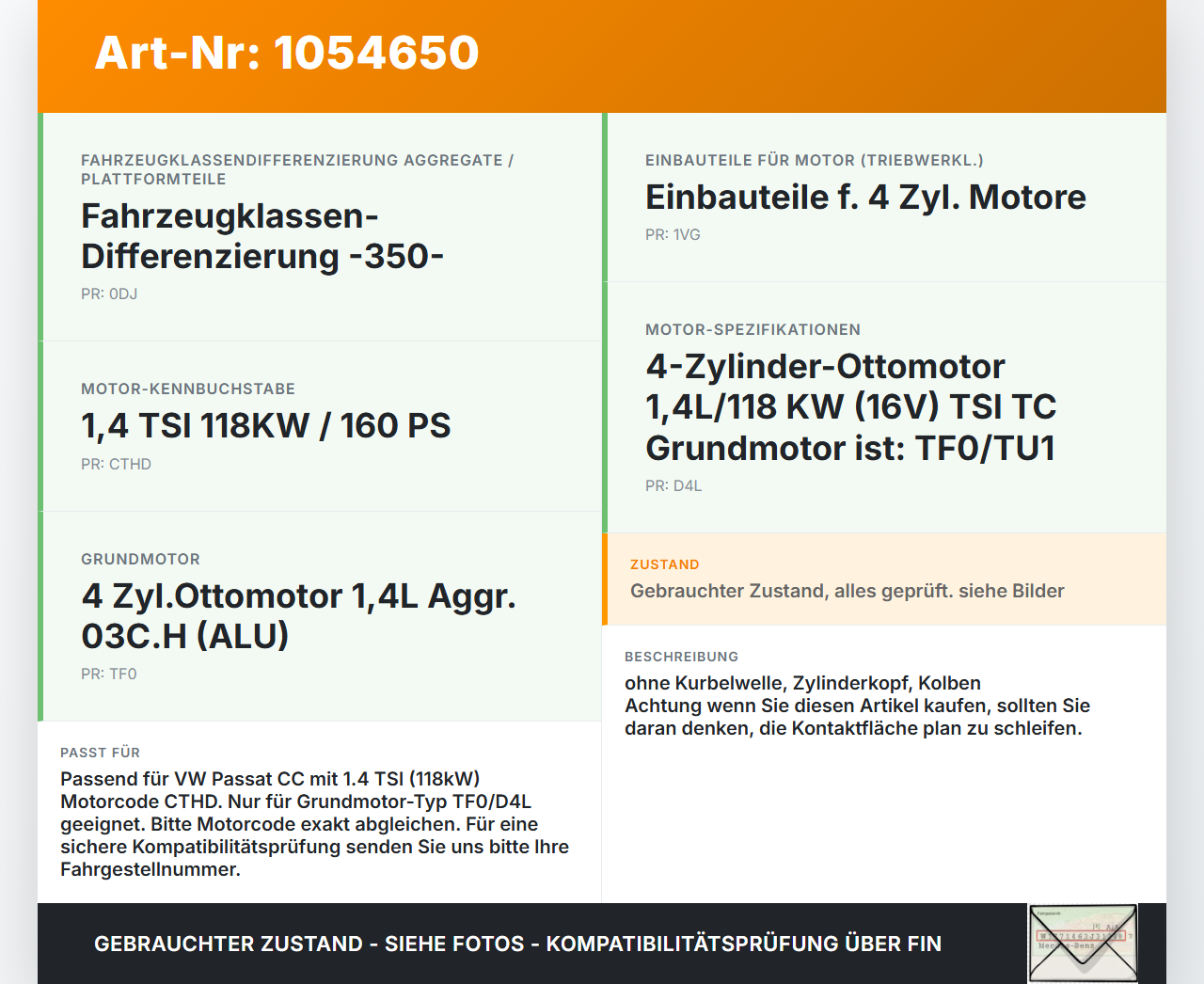 VW Passat CC 358 12-16 TSI 1,4 118KW CTHD Motorblock für Motor VW Passat CC 358 12-16 10.04.2013 03C103011AR gebraucht Vorschau 3