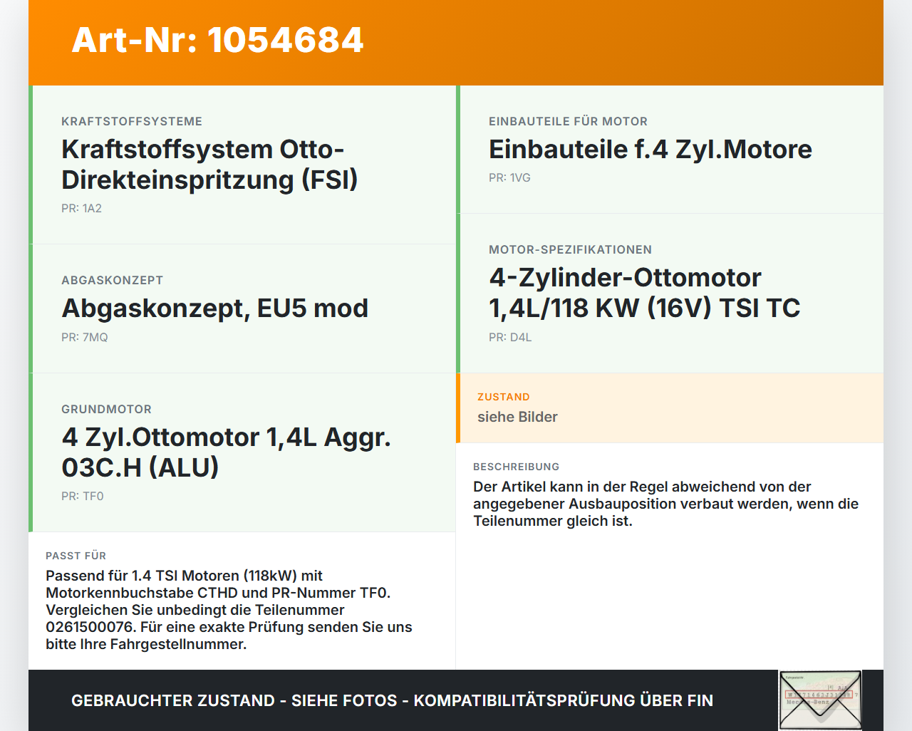VW Passat CC 358 12-16 TSI 1,4 118KW Injektor Einspritzdüse Zyl.1 VW Passat CC 358 12-16 10.04.2013 03C906036N gebraucht Vorschau 3
