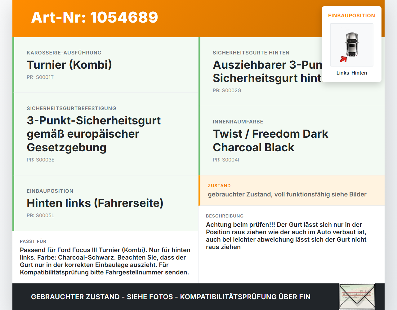Ford Focus III 3 14-20 Kombi Gurt Sicherheitsgurt Hinten Links Ford Focus III 3 14-20 05.07.2017 BM51-611B68-AH3JA6... Vorschau 3