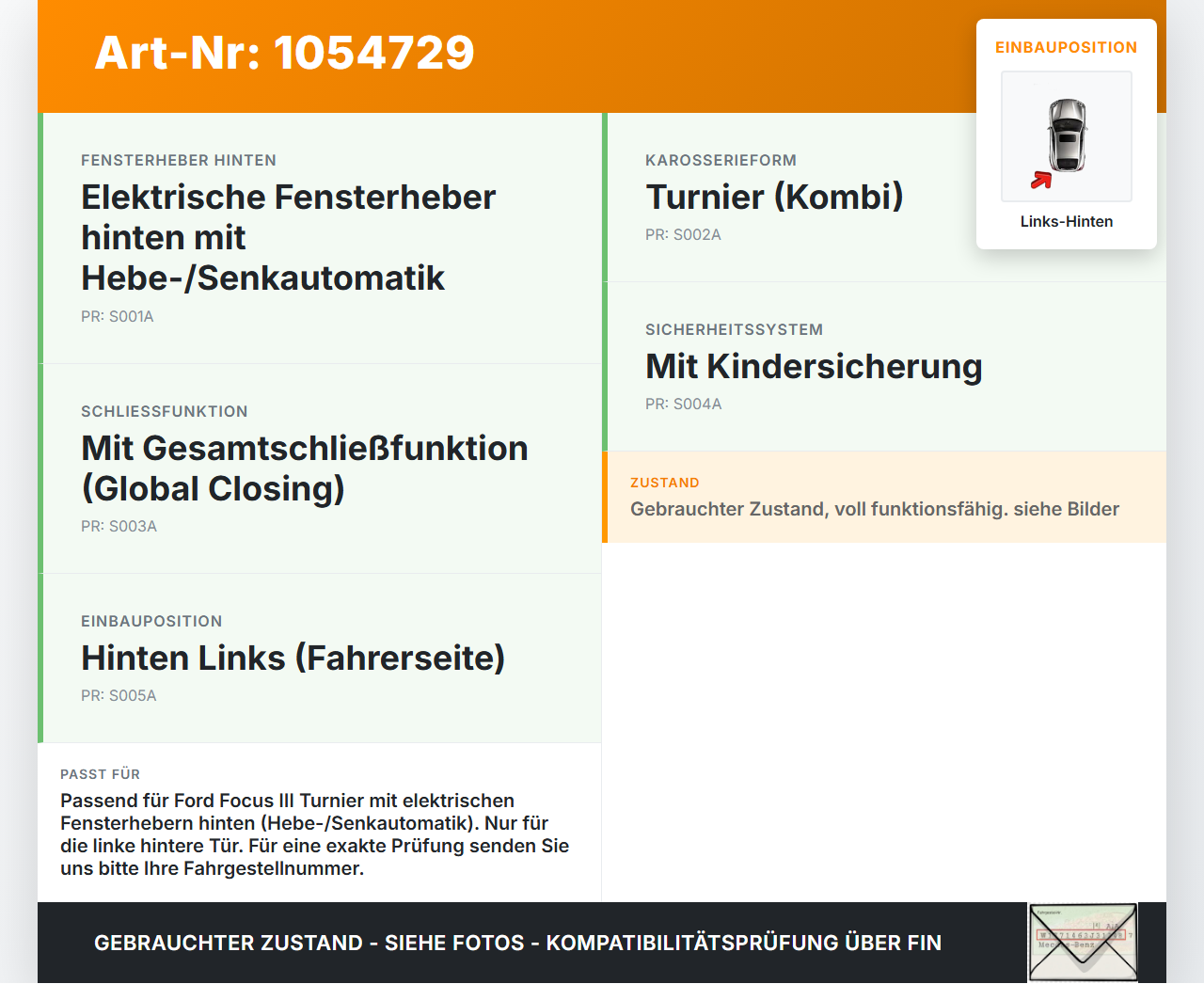 Ford Focus III 3 14-20 Kombi Fensterhebermotor mit Fensterheber Links Hinten Ford Focus III 3 14-20 05.07.2017... Vorschau 3