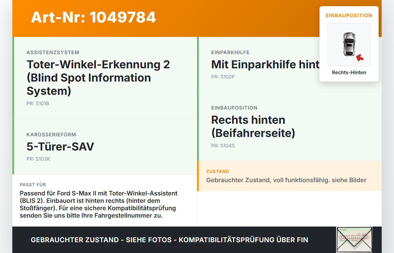 Ford S-Max II CK 15-19 TDCi 2,0 132KW Sensor Totwinkelassistent Spot Monitor Rechts Hinten Ford S-Max II CK 15-19... Vorschau 3