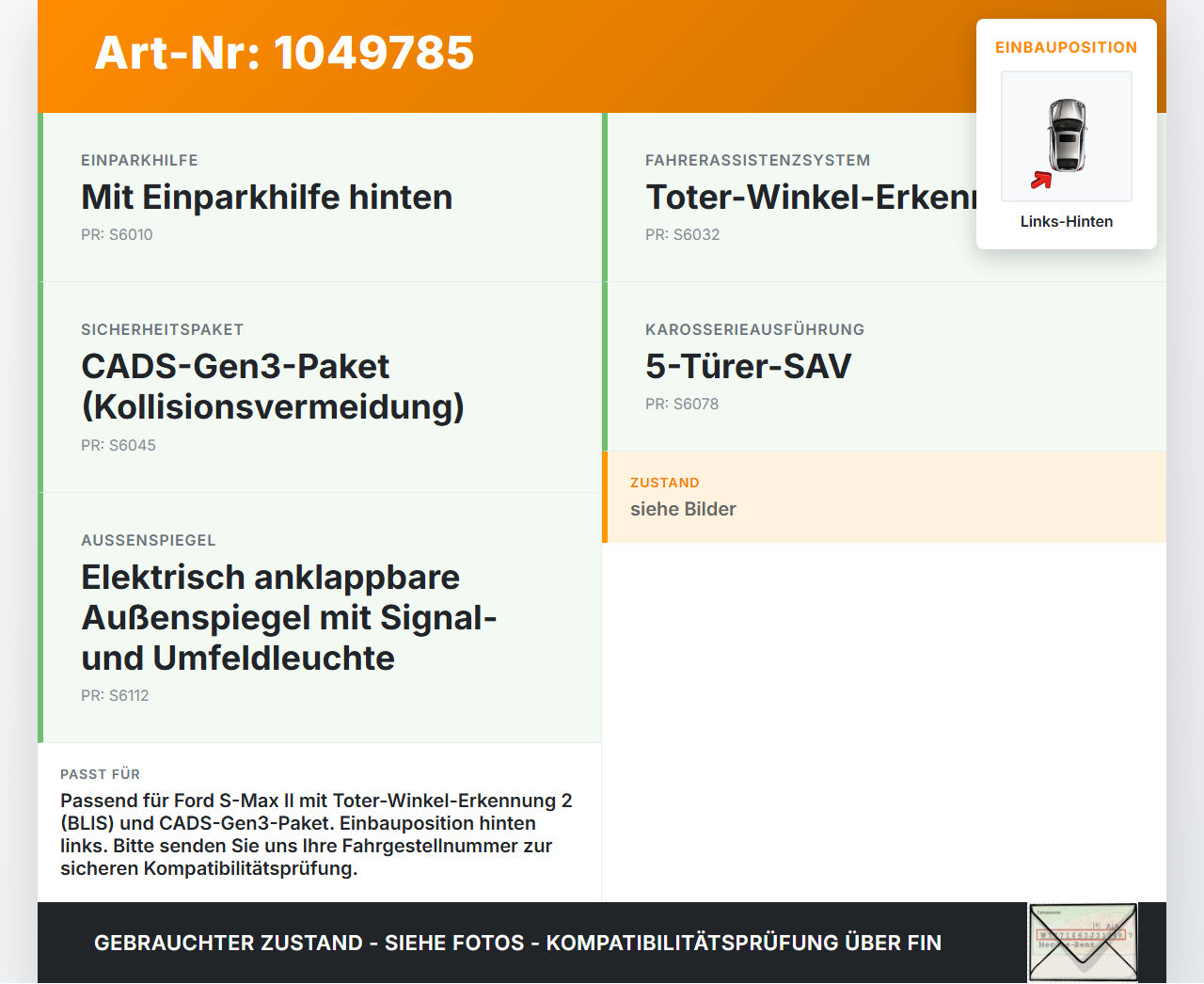 Ford S-Max II CK 15-19 TDCi 2,0 132KW Sensor Totwinkelassistent Spot Monitor Links Hinten Ford S-Max II CK 15-19... Vorschau 3