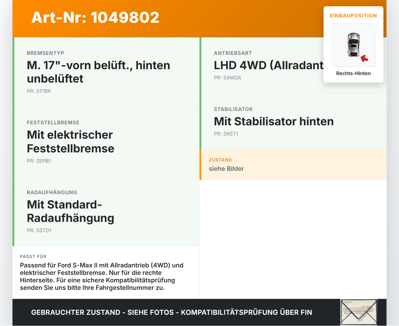 Ford S-Max II CK 15-19  TDCi 2,0 132KW 4WD Achsschenkel Radnabe Rechts Hinten Ford S-Max II CK 15-19 19.12.2015... Vorschau 3
