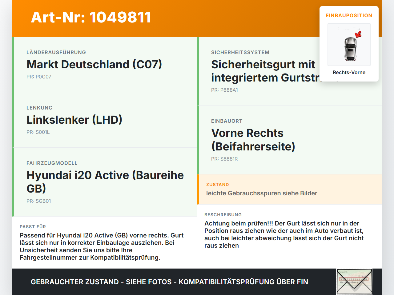 Hyundai I20 Active GB 13-16 Gurt Sicherheitsgurt Gurtstraffer für Beifahrer Rechts Vorne Hyundai I20 Active GB... Vorschau 3
