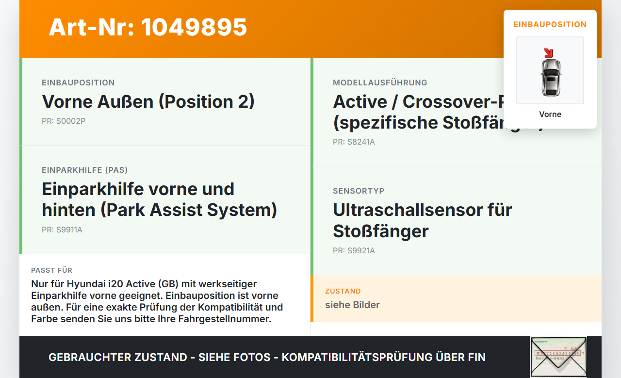 Hyundai I20 Active GB 13-16 Abstands Sensor Parksensor PDC Vorne Außen Pos.2 Hyundai I20 Active GB 13-16 13.06.2016... Vorschau 3