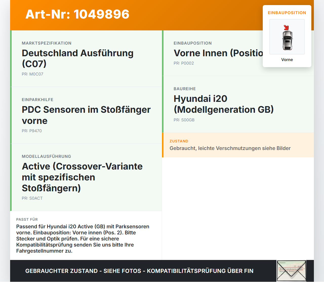 Hyundai I20 Active GB 13-16 Abstands Sensor Parksensor PDC Vorne Innen Pos.2 Hyundai I20 Active GB 13-16 13.06.2016... Vorschau 3