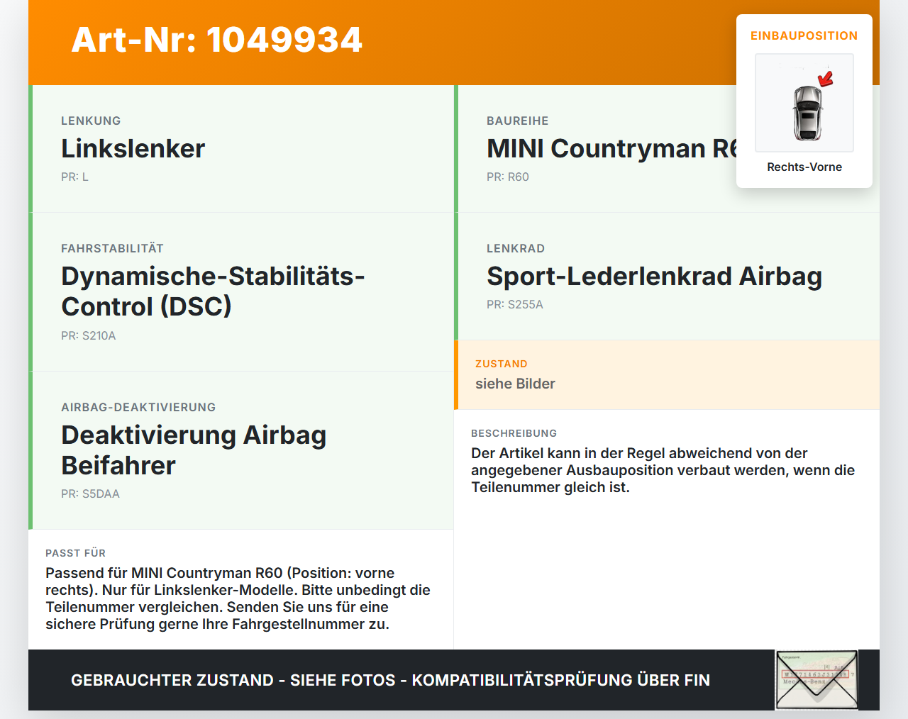 MINI Cooper S All4 R60 14-16 Sensor Airbag Crashsensor Airbagsensor Rechts Vorne MINI Cooper S All4 R60 14-16... Vorschau 3