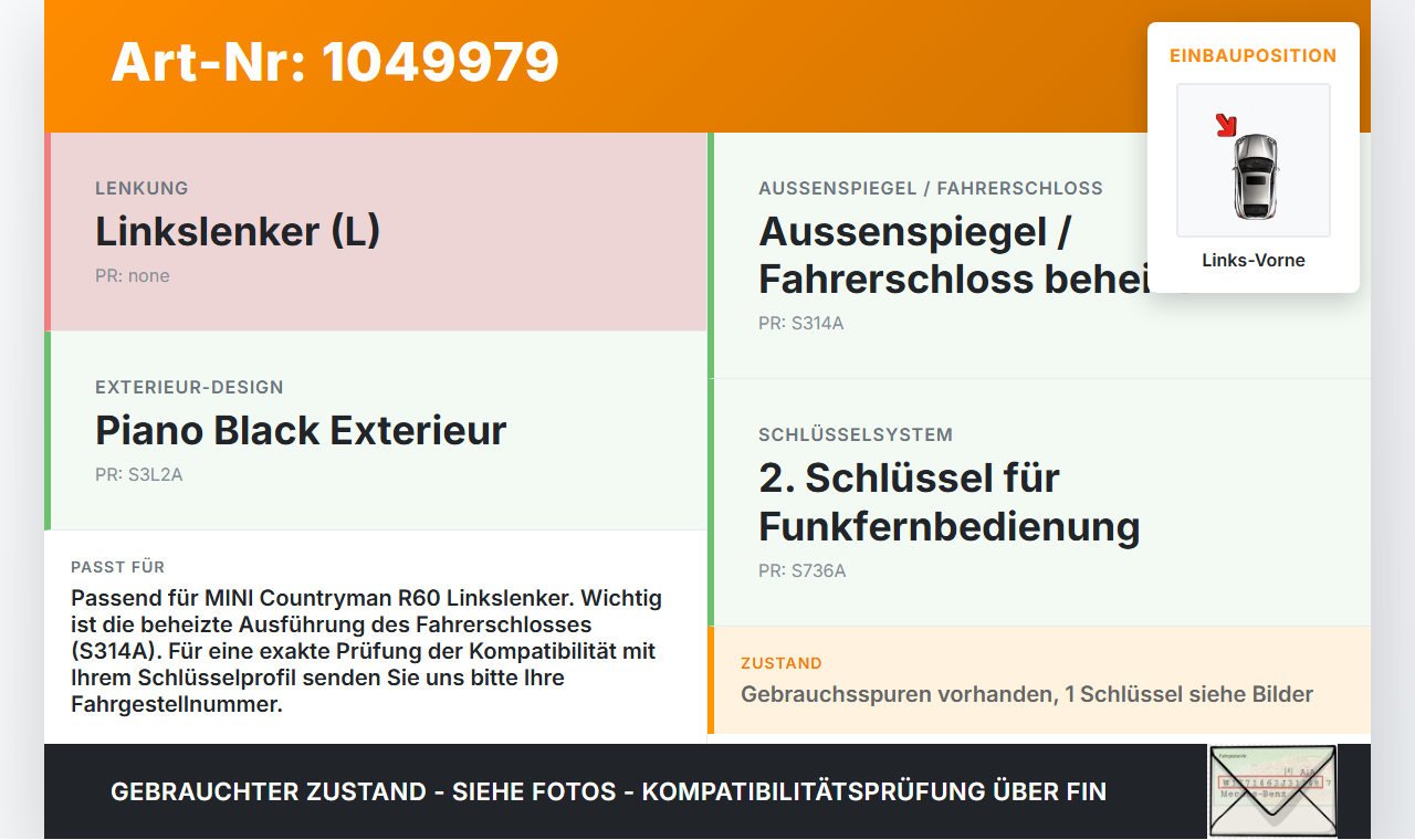 MINI Cooper S All4 R60 14-16 Schließzylinder Türschloss für Tür Links Vorne MINI Cooper S All4 R60 14-16 30.03.2015... Vorschau 3