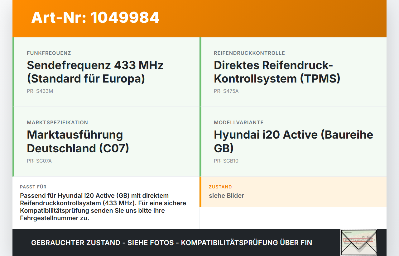 Hyundai I20 Active GB 13-16 Reifendruck Sensor Radsensor Reifendrucksensor Set Satz Hyundai I20 Active GB 13-16... Vorschau 3