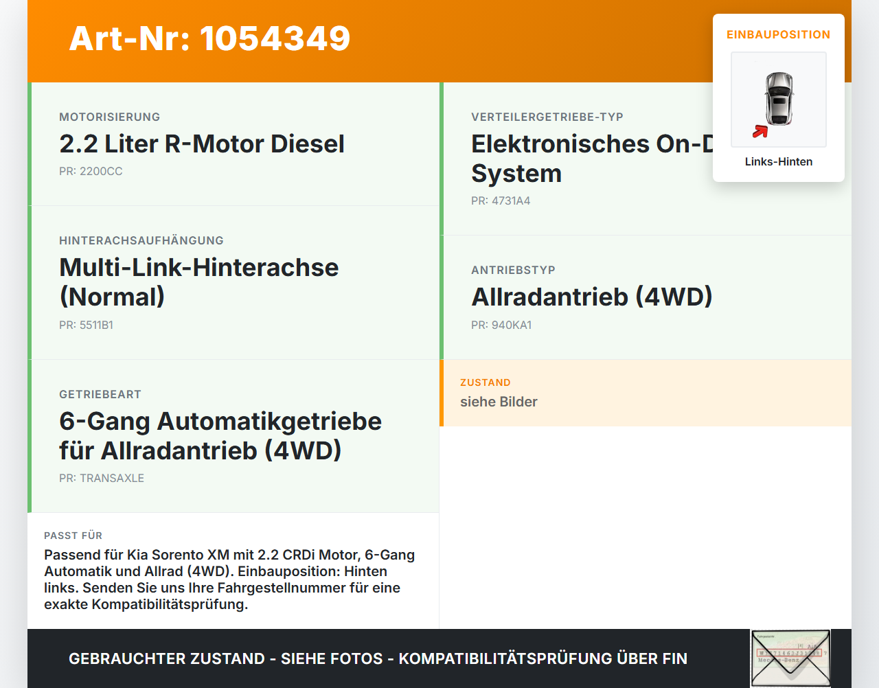Kia Sorento XM 09-12  CRDi 2,2 145KW 4WD Antriebswelle Gelenkwelle Hinten Links Kia Sorento XM 09-12 19.05.2010... Vorschau 3