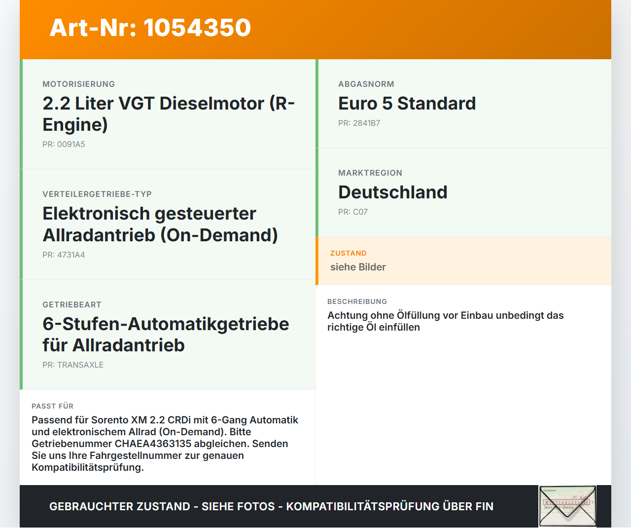 Kia Sorento XM 09-12 CRDi 2,2 145KW 4WD Verteilergetriebe Getriebe Kia Sorento XM 09-12 19.05.2010 473003B200 gebraucht Vorschau 3
