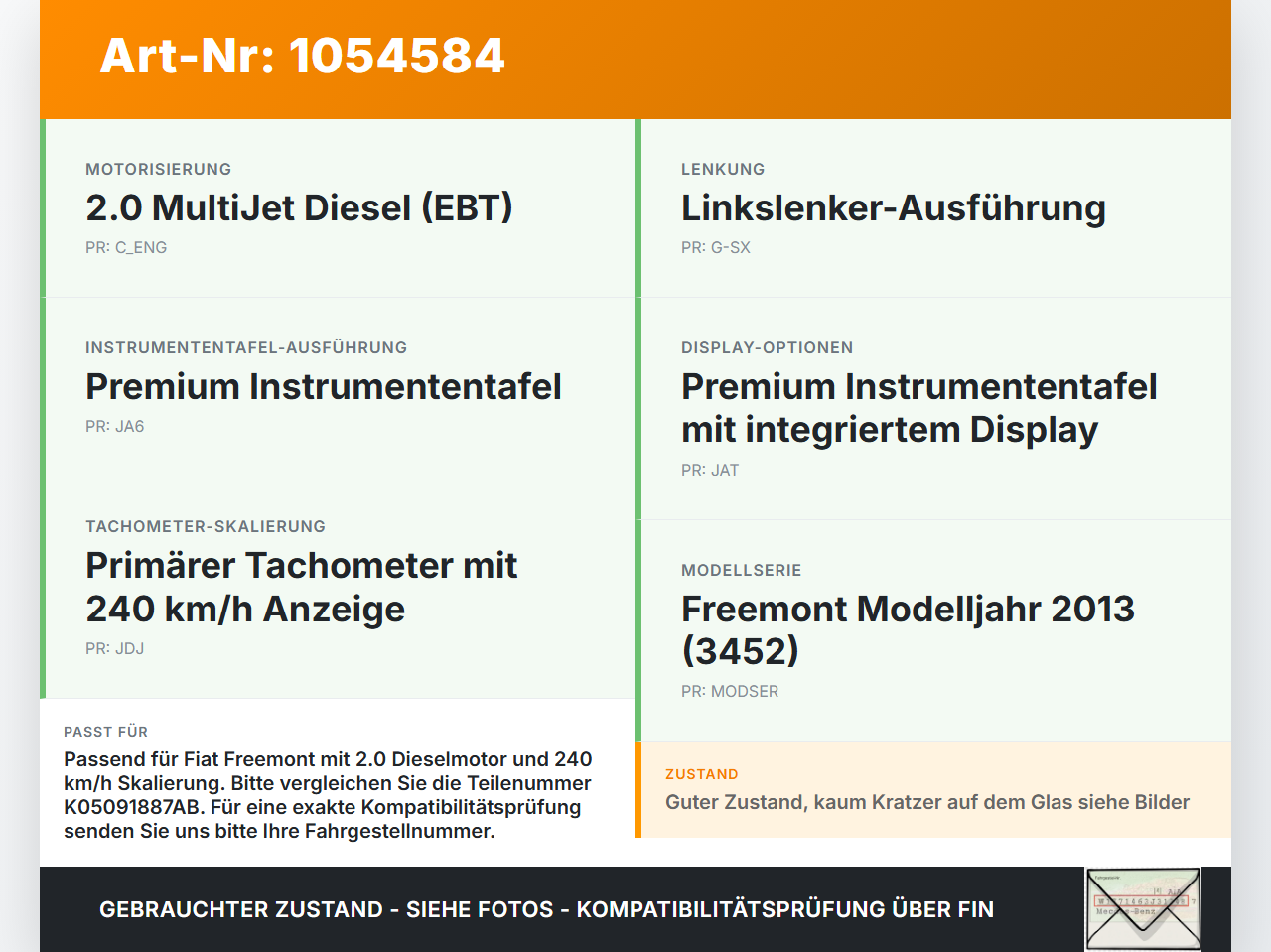 Fiat Freemont 11-16 JTD 2,0 100KW Kombiinstrument Tacho Fiat Freemont 11-16 17.02.2011 K05091887AB 05091887AB... Vorschau 3
