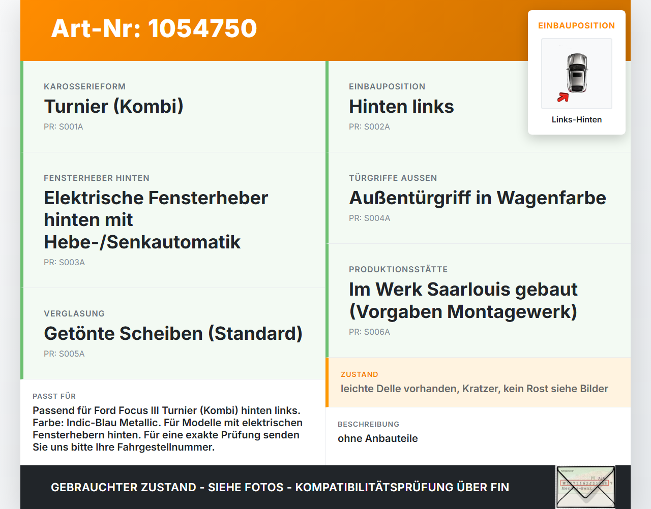 Ford Focus III 3 14-20 Kombi Tür Links Hinten Ford Focus III 3 14-20 05.07.2017 PBM51-N24631-AE gebraucht Vorschau 3