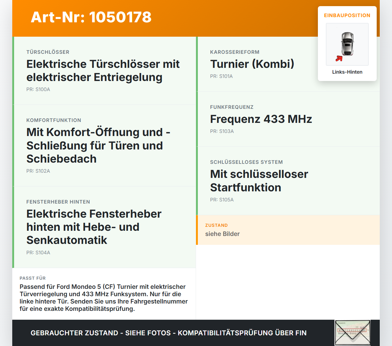 Ford Mondeo 5 V CF 14-19 Kombi Türschloss m. ZV Stellmotor Links Hinten Ford Mondeo 5 V CF 14-19 09.12.2015... Vorschau 3