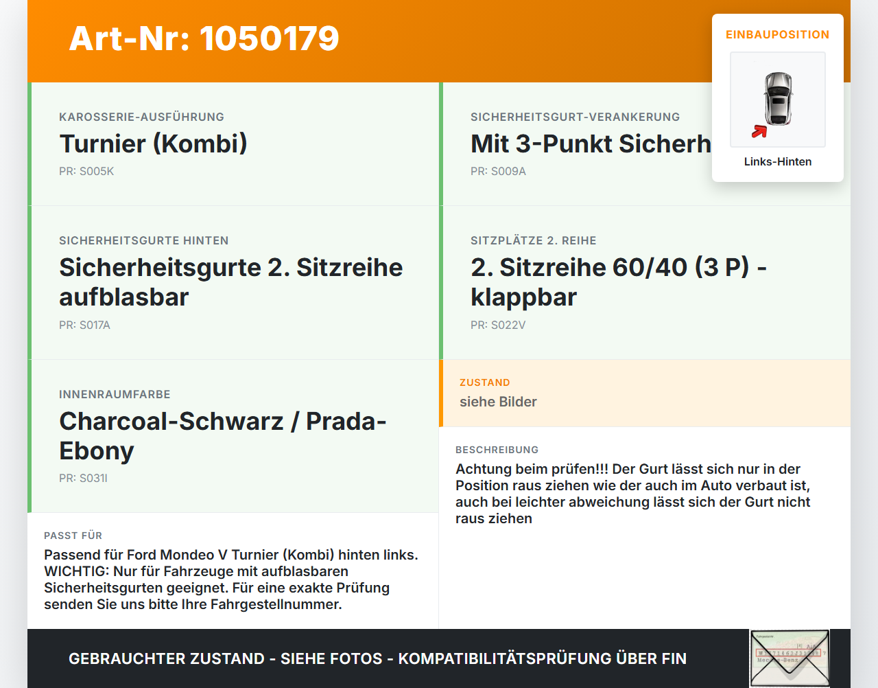 Ford Mondeo 5 V CF 14-19 Kombi Gurt Sicherheitsgurt Gurtstraffer Links Hinten Ford Mondeo 5 V CF 14-19 09.12.2015... Vorschau 3