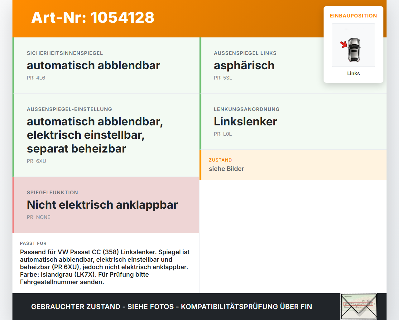 VW Passat CC 358 12-16 Spiegel Aussenspiegel Links Elektrochrom LK7X VW Passat CC 358 12-16 10.04.2013 3C8857507CD... Vorschau 3