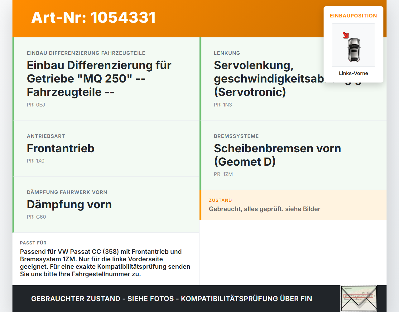VW Passat CC 358 12-16 TSI 1,4 118KW Achsschenkel Radnabe Links Vorne VW Passat CC 358 12-16 10.04.2013 3C0407253F... Vorschau 3