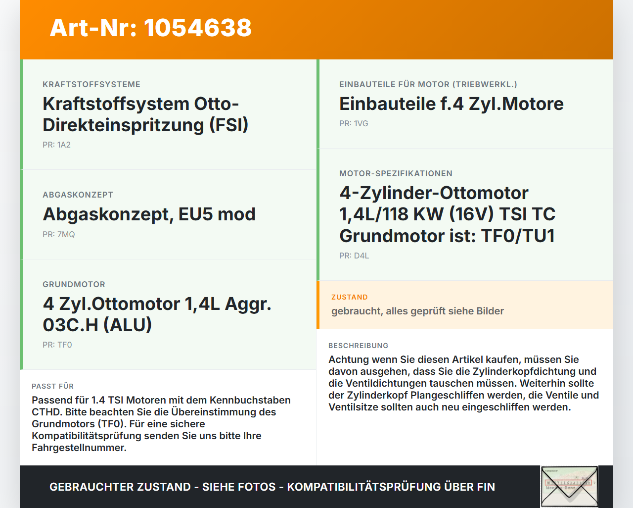 VW Passat CC 358 12-16 TSI 1,4 118KW CTHD Zylinderkopf VW Passat CC 358 12-16 10.04.2013 03C103264Q gebraucht Vorschau 3