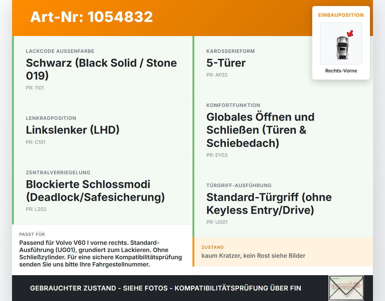 Volvo V60 I 155 10-13 Kombi Türgriff Griff aussen Rechts Vorne 01900 Volvo V60 I 155 10-13 29.09.2014 39832339 gebraucht Vorschau 3
