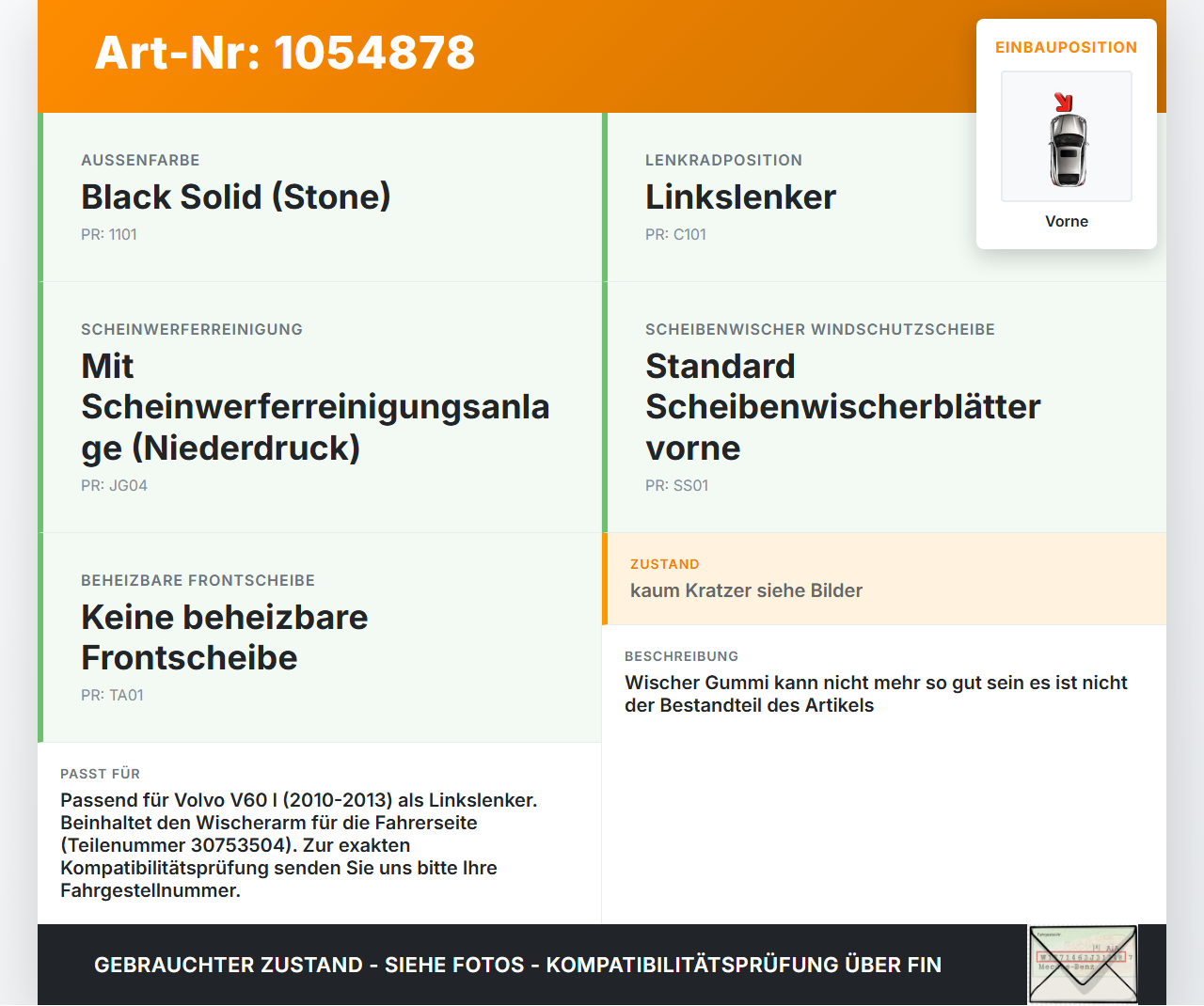 Volvo V60 I 155 10-13 2x Scheibenwischer Wischarm Vorne Volvo V60 I 155 10-13 29.09.2014 30753504 gebraucht Vorschau 3