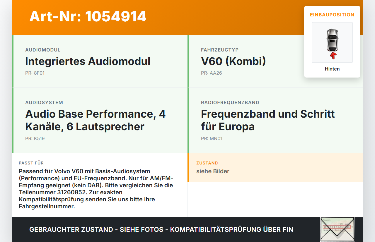 Volvo V60 I 155 10-13 Antennenverstärker Weiche Antenne Hinten Volvo V60 I 155 10-13 29.09.2014 31260852 P31260852... Vorschau 3