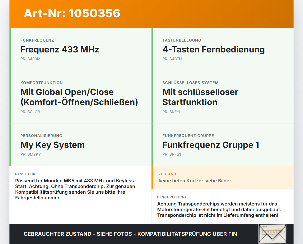Ford Mondeo 5 V CF 14-19 Fernbedienung Funkschlüssel 4 Tasten Ford Mondeo 5 V CF 14-19 09.12.2015 gebraucht Vorschau 3
