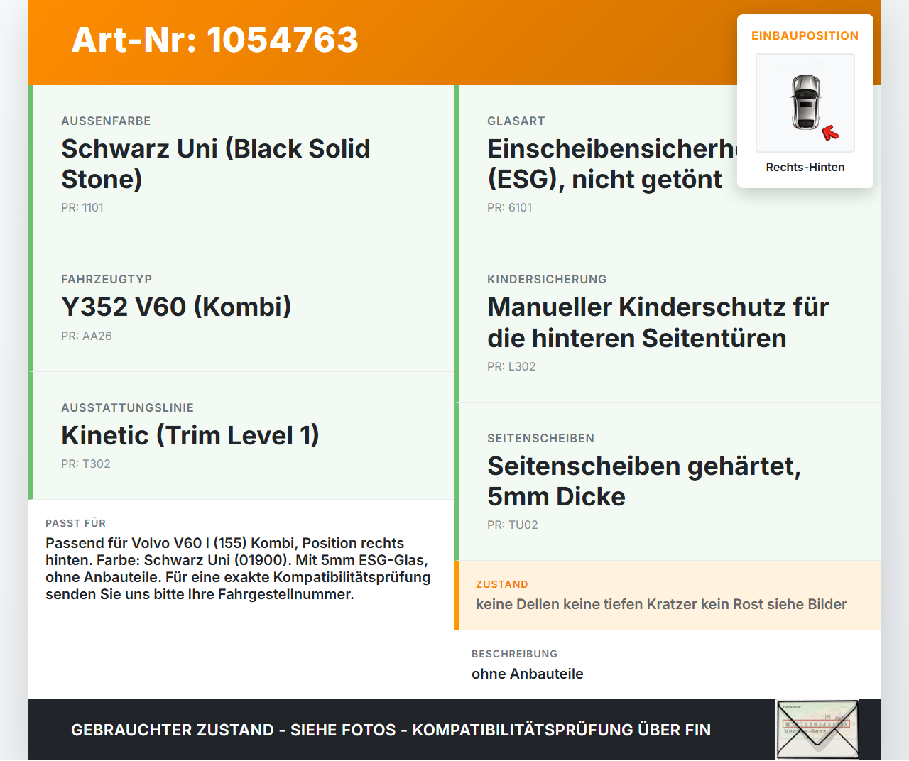 Volvo V60 I 155 10-13 Kombi Tür Rechts Hinten 01900 Volvo V60 I 155 10-13 29.09.2014 31298043 gebraucht Vorschau 3