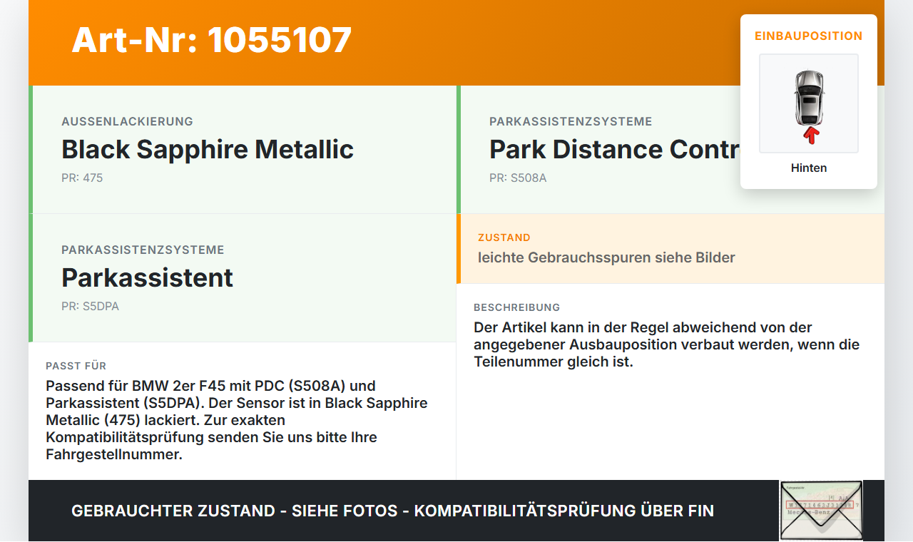 BMW F45 14-18 Abstands Sensor Parksensor PDC Hinten Aussen Pos.1 475 BMW F45 14-18 22.11.2017 2359183 66202359183... Vorschau 3